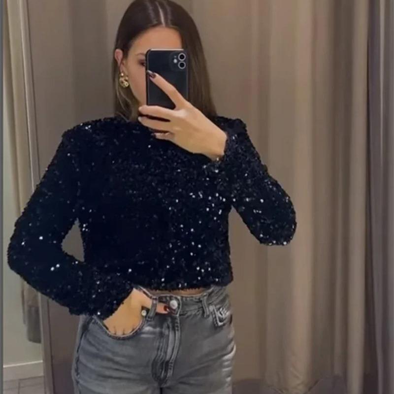 Elegant Bow Handmade Sequins Short Shirt Women Lace-Up Shinny Sweet Top New Fashion Long Sleeve O-neck Blouses Beautiful Thin Coat Casual Outwear
