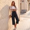 Women Drawstring Waist Loose Fit Cropped Pants with Pockets Casual Straight Leg Seven Eighths Length Trousers for Daily Wear