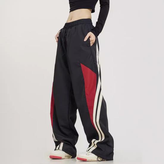 Damenhose, elastisch, hohe Taille, verstellbarer Kordelzug, weites Bein, vertikale Streifennähte, Retro-Streetstyle-Sporthose