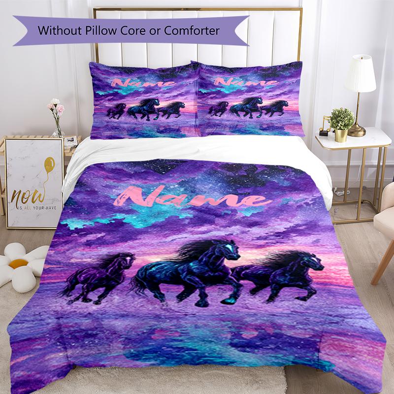 3pcs Custom Name Horse Bedding Set Duvet Cover Closure Includes 1 Duvet Cover & 2 Pillowcases, Soft and Comfortable for All Seasons.