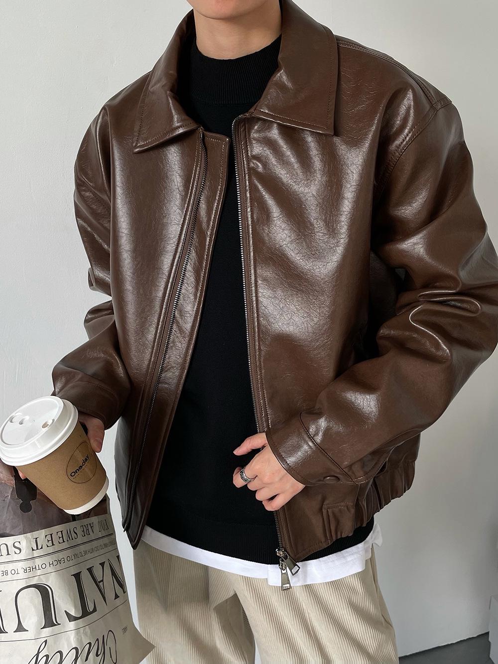 

Мужская модная ретро-куртка из искусственной кожи в корейском стиле для мотоцикла XXL кофейный