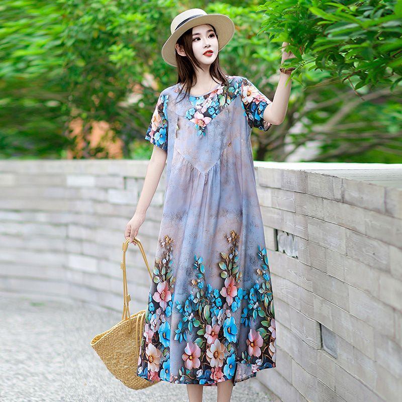 Summer Women's Plus Size Dress Loose Round Neck Floral Dress Soft Skin-friendly Breathable Long Dress