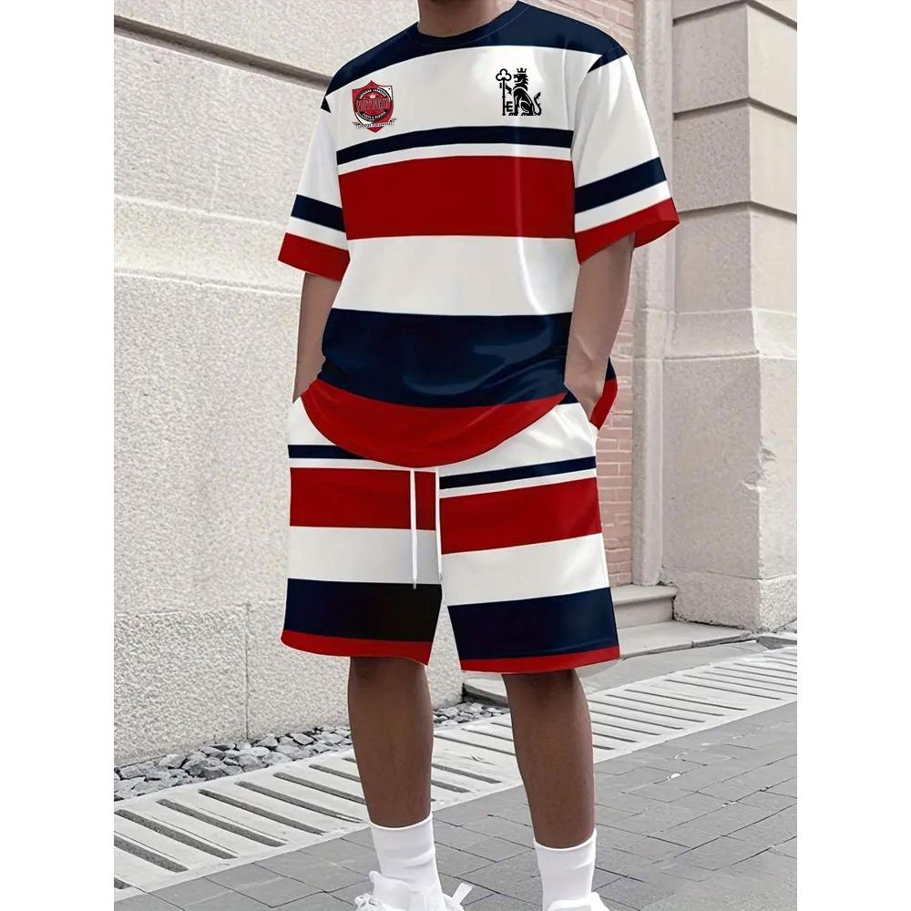 Summer Outdoor Street Fashion Men s 3D Stripe Printed Set 2XS