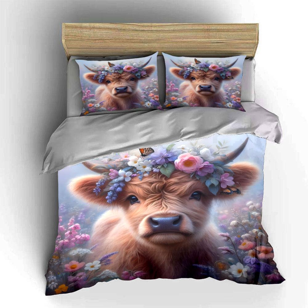 Cute Cow with Flower Crown Bedding Duvet Cover Set (1*Duvet Cover 2*Pillowcases, Without Duvet Insert)