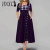 HNXC Women Fashion Casual Irregular Plaid Button Print Maxi Short Sleeve O-Neck Plus Size Party Dress