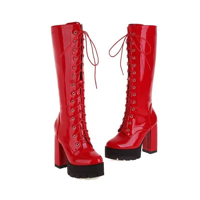 Patent Leather Red Knee High Boots Lace Up Ladies Platform Boots Large Size Super High Heel Fashion Nightclub Patry Women Shoes