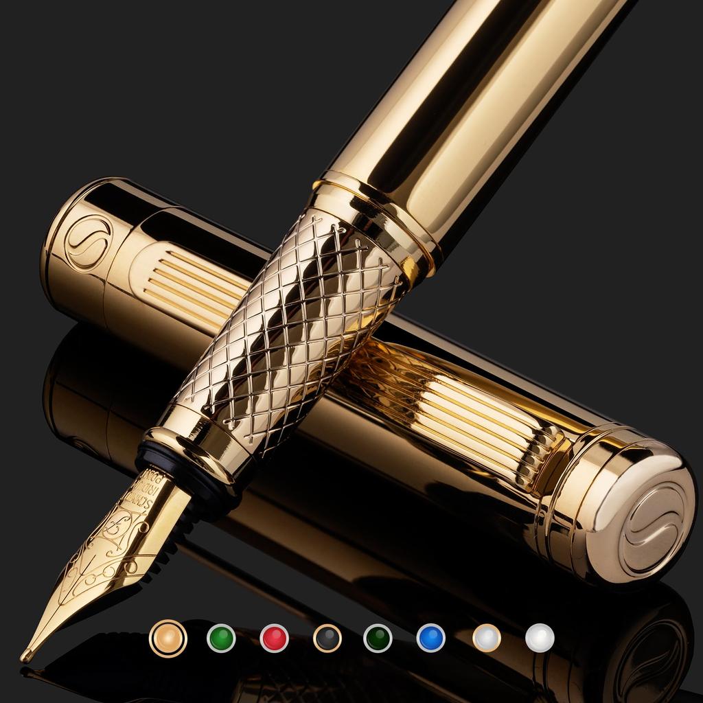 Scriveiner Luxury Fountain Pen Stunning Luxury Pen with Genuine Gold Schmidt Nib Perfect Gift Set for Men and and More - Finish, Gold-Plated (Fine