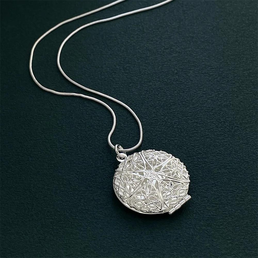 925 Silver Necklace Hollow Round Photo Frame Pendant, Suitable For Women's Daily Wear