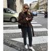 Women French Style Thick Loose Brown Double Breasted Woolen Commute Coat