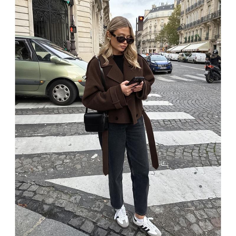 Women French Style Thick Loose Brown Double Breasted Woolen Commute Coat