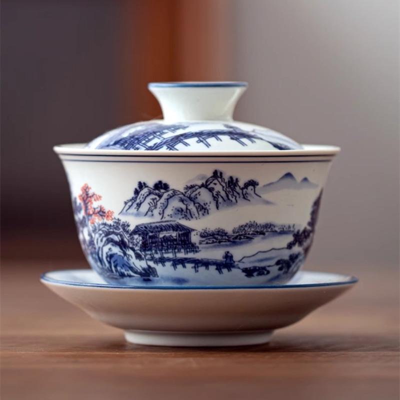 Jingdezhen Blue and White Porcelain Covered Bowl, Large Kung Fu Ceramic Tea Bowl, San Cai Gaiwan Handheld Bowl