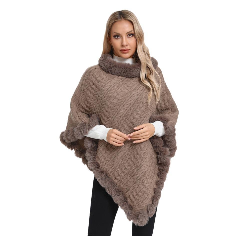 Plus Size Women's Knitted Pullover Shawl with Faux Rabbit Fur Collar - European & American Autumn/Winter Collection