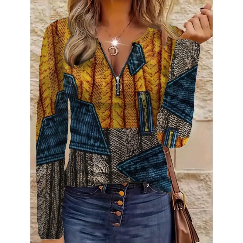 Elegant casual comfortable style painting imitation wool elements printed pattern code women s round neck zipper long sleeves S
