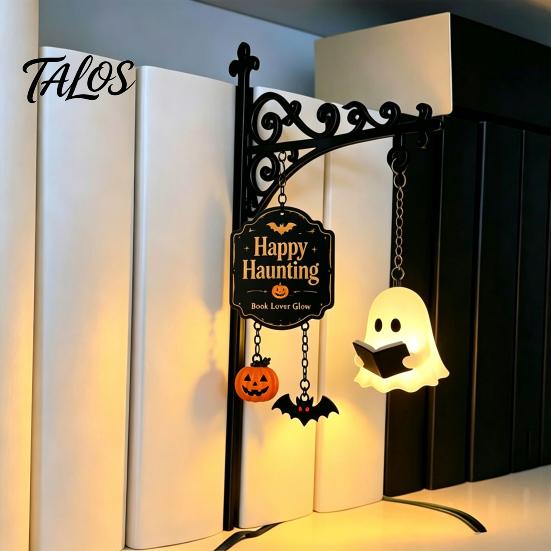 Seasonal Soft Furnishings Ghost LED Bookshelf Lamp with Pumpkin Bat Hanging Charms, Halloween Ambient Light for Bookshelves Bookend Night Light,