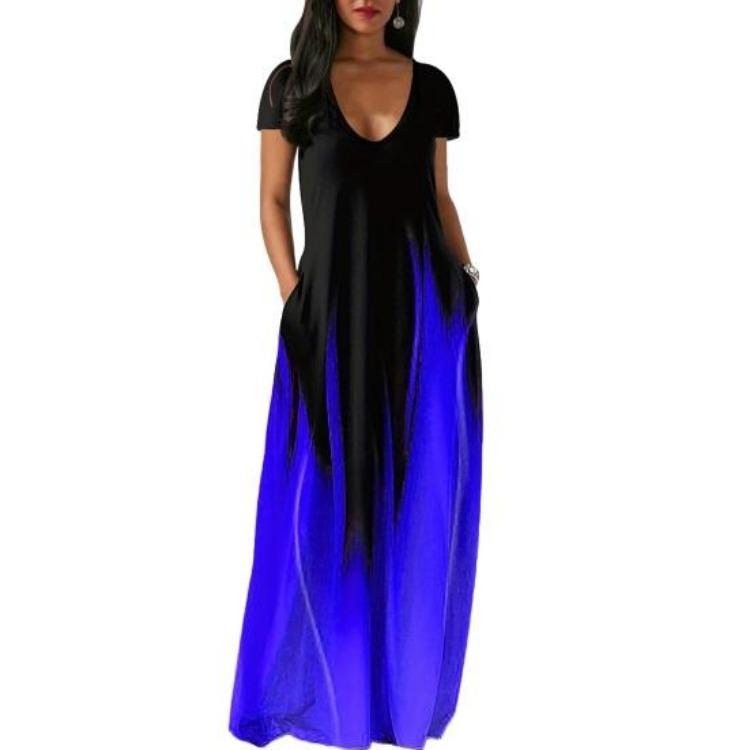 

Максі-сукня градієнтних контрастних кольорів для жінок з V-подібним вирізом, короткими рукавами та кишенями, А-силуету, повної довжини, для повсякденного носіння, вечірок, побачень 2XL синій