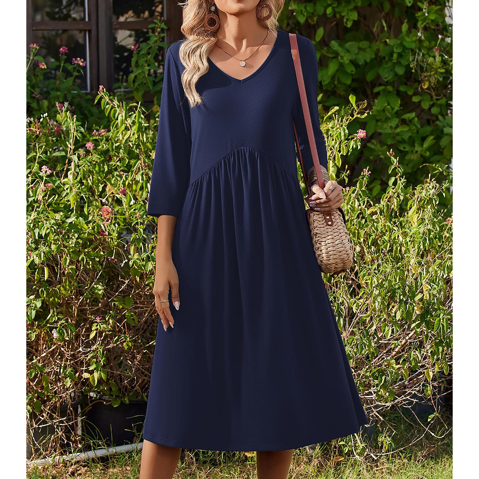 

Women s V-neck Seven Quarter Sleeved Slim Fit Fashionable Long Dress L Темно-синій