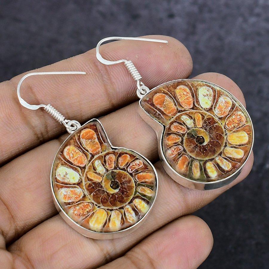 Pierre Gemme Fossile d'Ammonite Naturelle Bijou en Argent Sterling 925 Boucle d'Oreille 1.97" E7e49