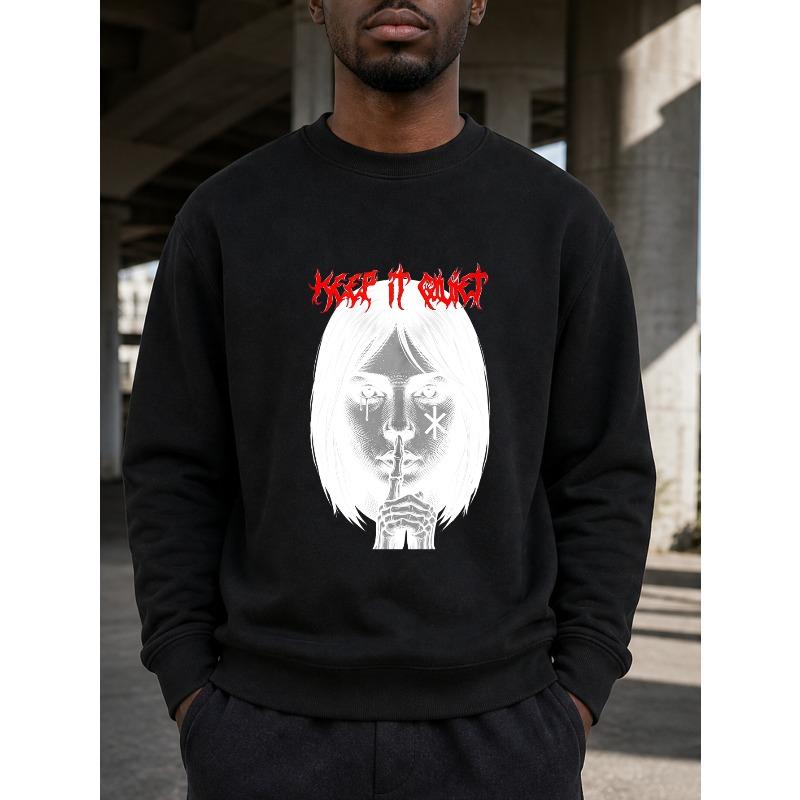 Men Autumn Winter Pullover, Graphic Print, Keep It Quiet Streetwear, Festival Party Daily Wear, Gift for Him, Urban Fashion Long Sleeve Tee