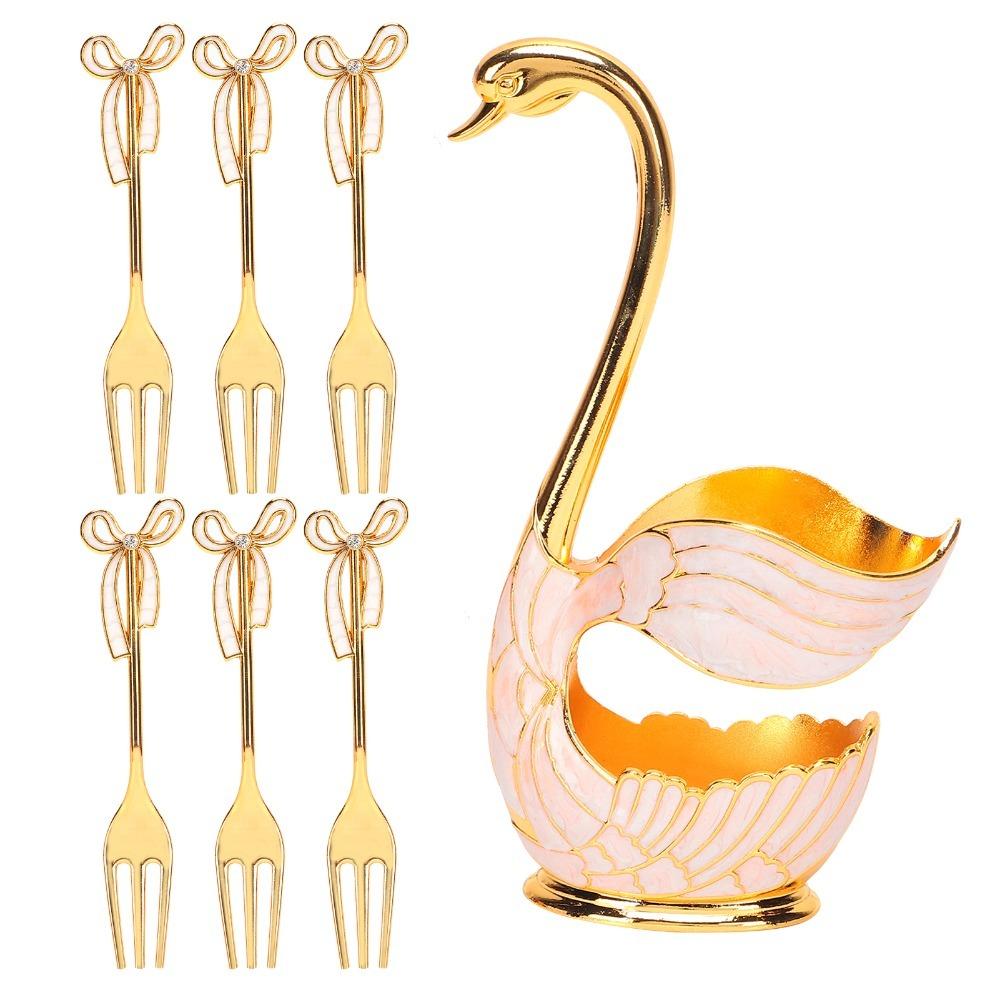 7pcs Gold Dessert Spoon Set Swan Base Holder Fruit Spoon Set Spoon Fork Set For Fruit A