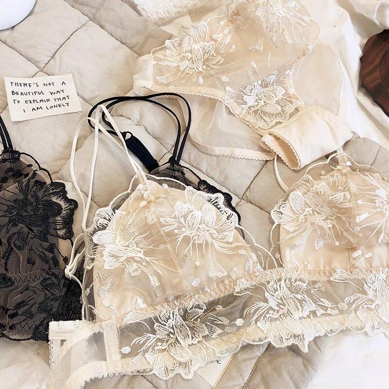 Francuskie koronkowe kwiaty haftowany biustonosz i majtki zestaw seksowna ultracienka bielizna damska trójkątny biustonosz Bralette romantyczny komplet bielizny