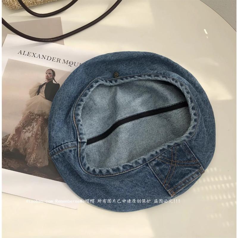 Octagonal Denim Beret Women's Autumn Hat Nostalgic Retro Big Head Circumference Summer Showing Face Small Painter Hat High Sense