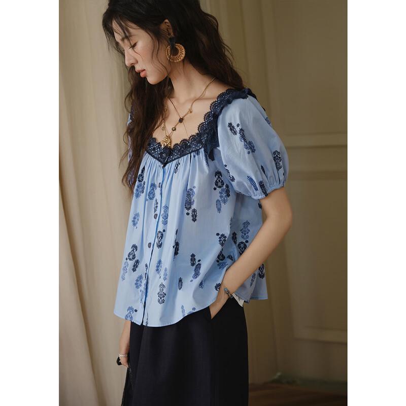 Mixiu Monet Blue Print Puff Sleeve Lace Cotton Blouse