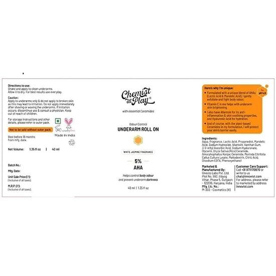Chemist at Play Underarm Roll-On Deodorant mit 5% AHA, Milchsäure & 1% Mandelsäure & Exfoliiert die Achseln | Duft Weißer Jasmin 40ml (3er-Pack)