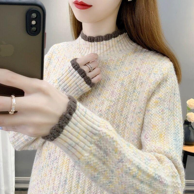 Color Blocking Wavy Edge Women's Sweater Half High Neck Autumn Winter Knitted Top Base Women' Sweater