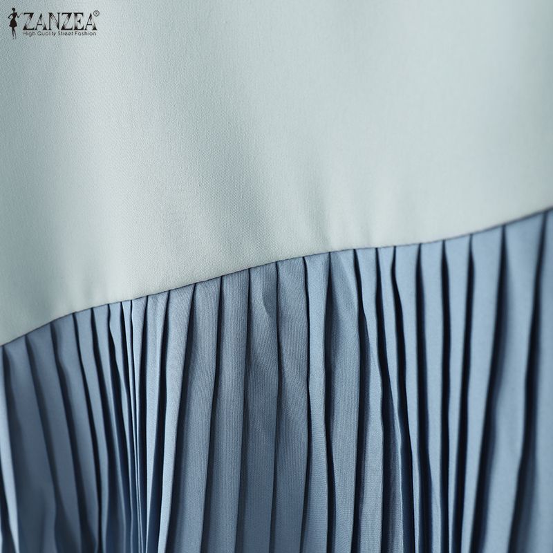 VONDA Women Casual Zip-up Waist Patchwork Pleating Loose A-line Long Skirts