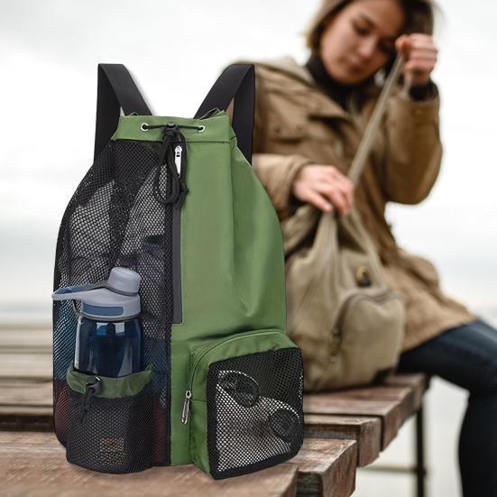 Mesh Beach Backpack with Wet Pocket Large Capacity Drawstring Swim Bag for Pool Swimming Gym Workout Gear