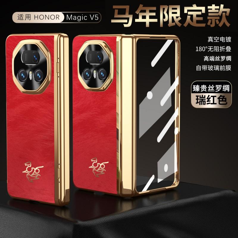 Red Electroplated Vegan Leather Full Coverage Case Honor Magic V5 V3 Foldable Phone With Kickstand Shockproof