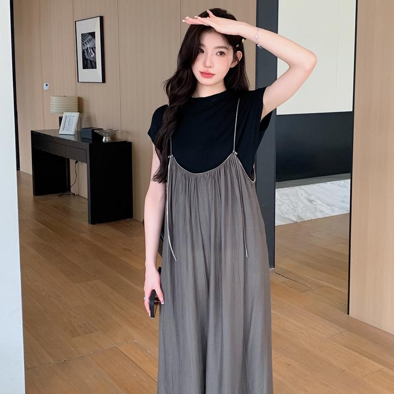 2026 Summer Maternity Wide-Leg Zipper Overalls & Ice Silk Base Layer Top Set XL