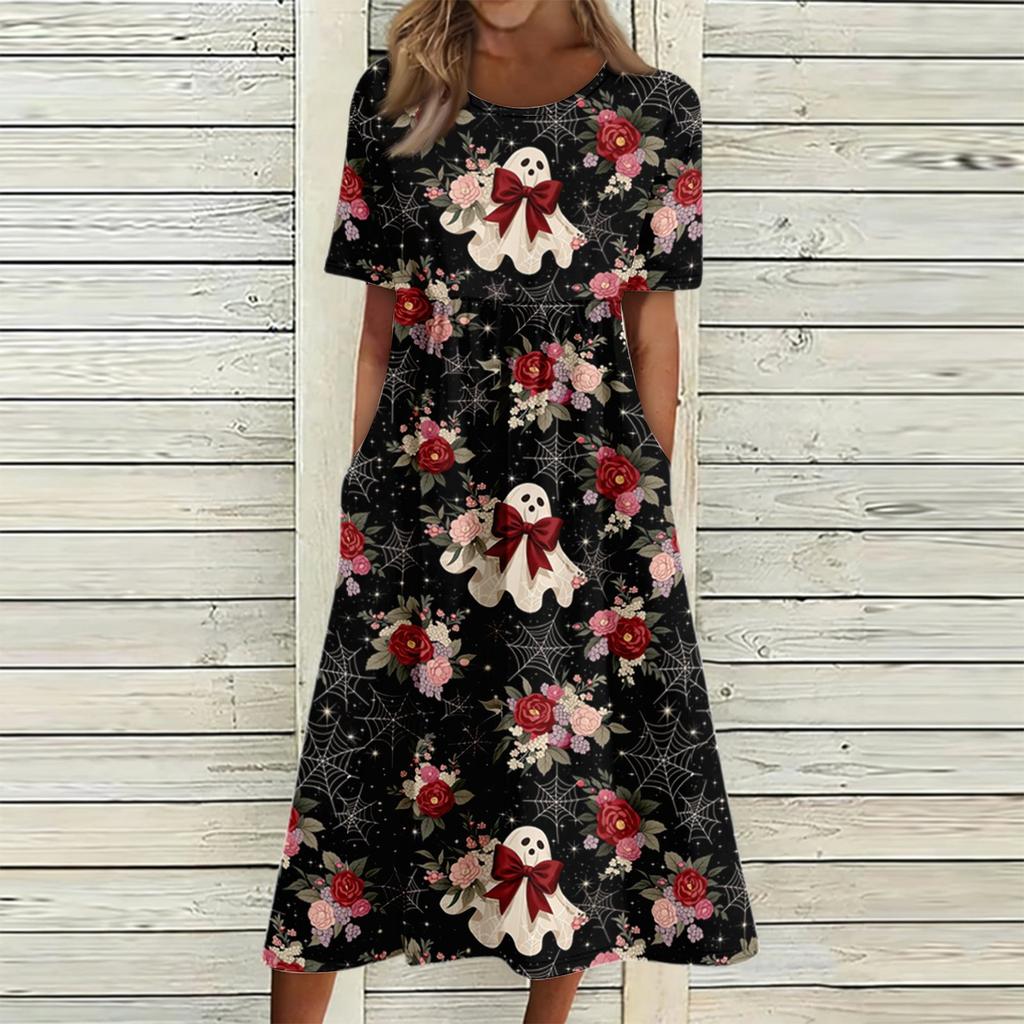 Women Casual Halloween Print Dress Short Sleeve Round Neck Pocket Midi Dress Loose Fit Comfortable Everyday Wear