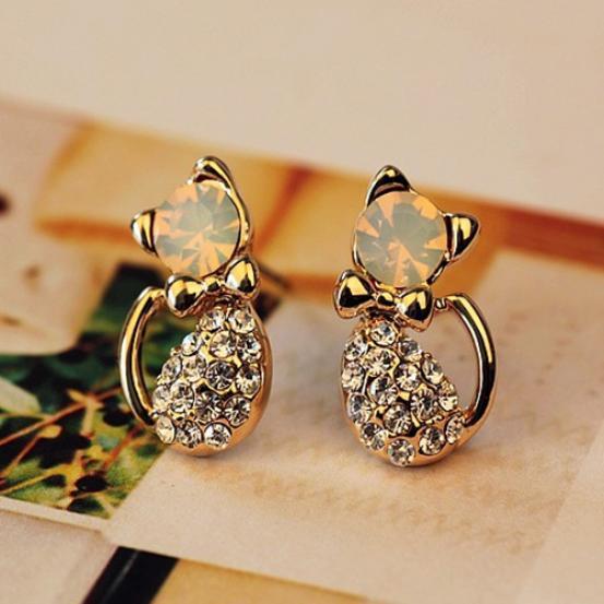 Elegante Feminino Bonito Gato Cristal Strass Liga Brincos Brincos Jóias