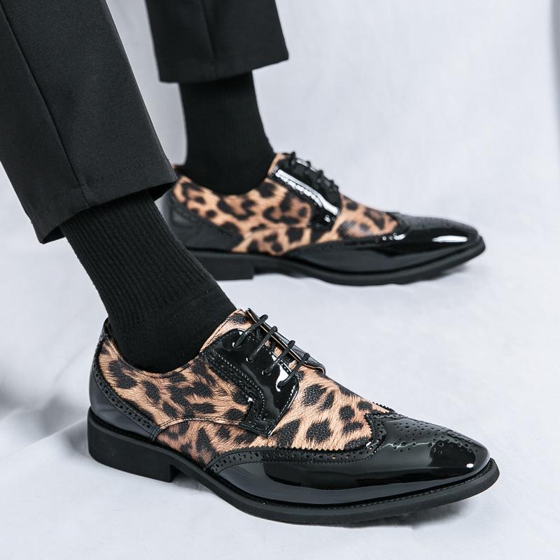 Large size men's leather shoes men's European, American leopard print men's shoes foreign trade new men's glossy casual lace-up small leather shoes