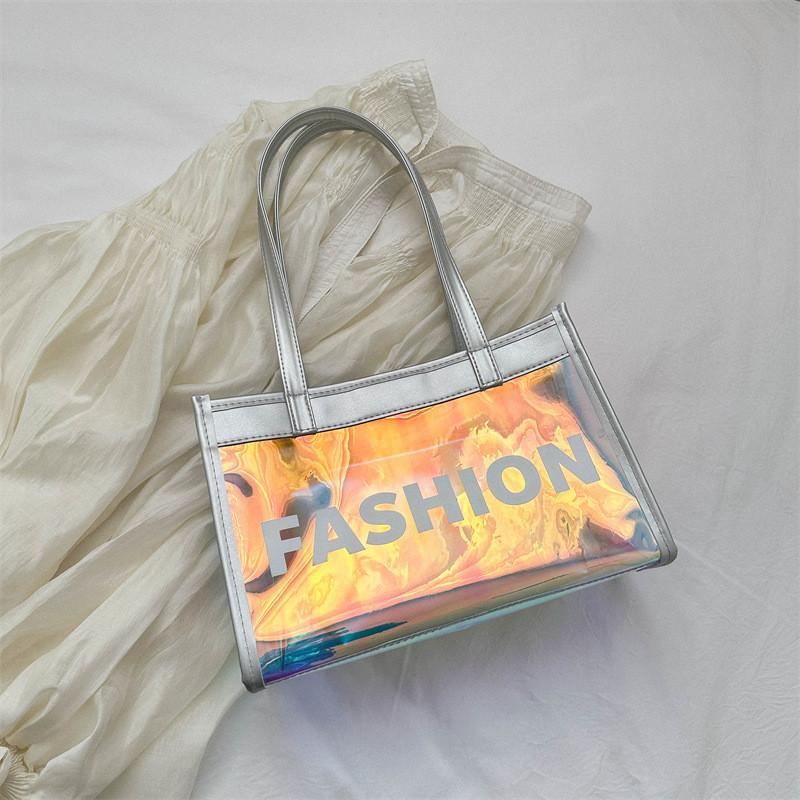 Fashionable Medium Sized Pvc Handbag With Single Shoulder Strap For Casual Outings серебряный