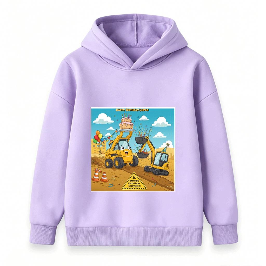 Kids Happy Birthday Construction Truck Hoodie Cartoon Excavator Skid Steer Print Pullover for Boys Girls Casual Party Sweatshirt