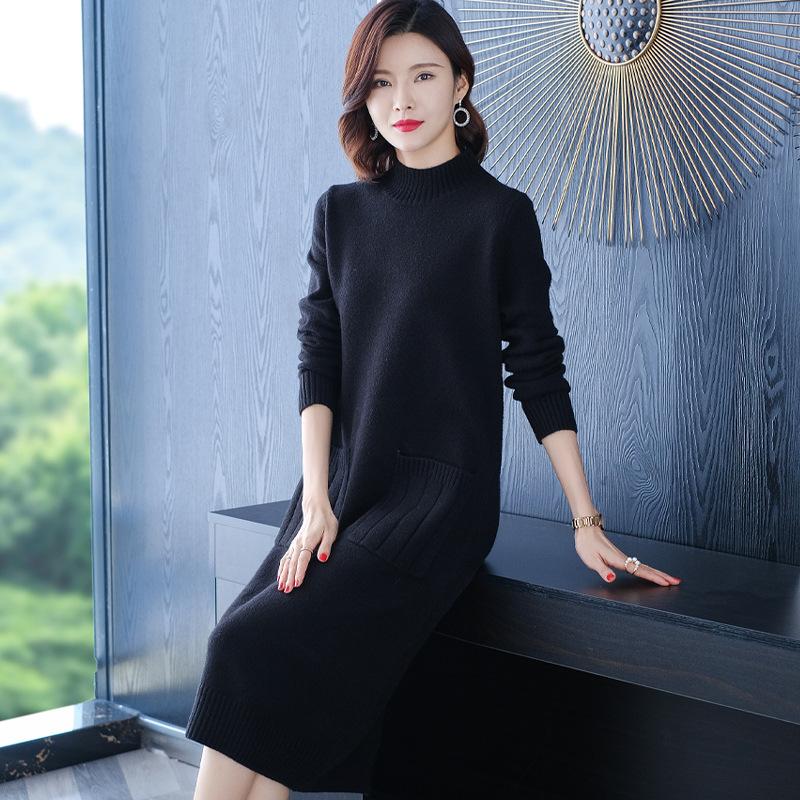 

Трикотажное платье средней длины для женщин, однотонный свитер с длинными рукавами выше колена, полувысокий ворот, ленивый стиль, платье-свитер, свободный трикотажный свитер XL чёрный