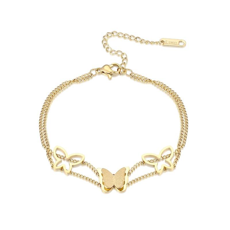 Trending Stainless Steel Double Butterfly Hip Hop Jewelry Ladies Fashion Bracelet Adjustable Charm Bangle