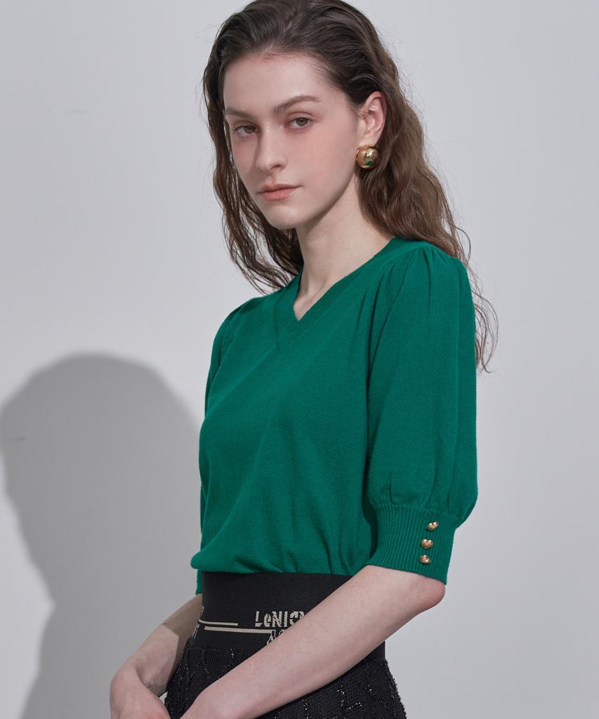 LENIC&MCCOY Daily Sleeve Button Detail V-Neck Knit Mm10Kn001Fcy