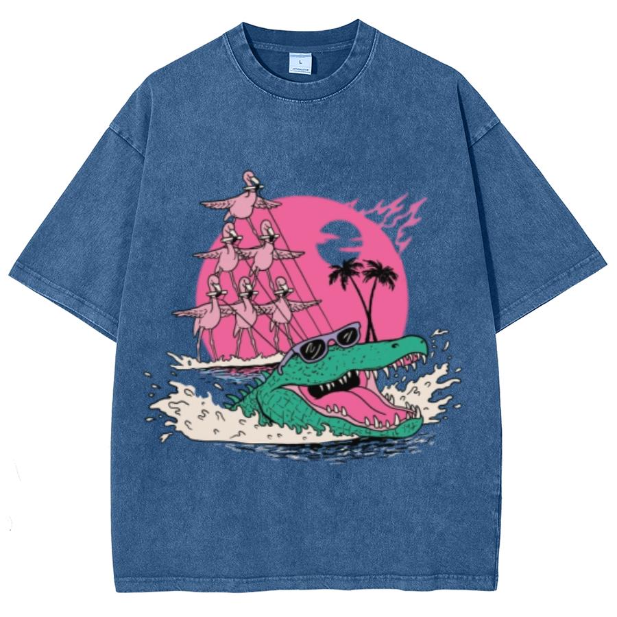Cartoon Color Dinosaur Print Women's T-Shirt Loose Oversized Wash Short Sleeve Fashion Design Cotton Tee Niche Summer Top
