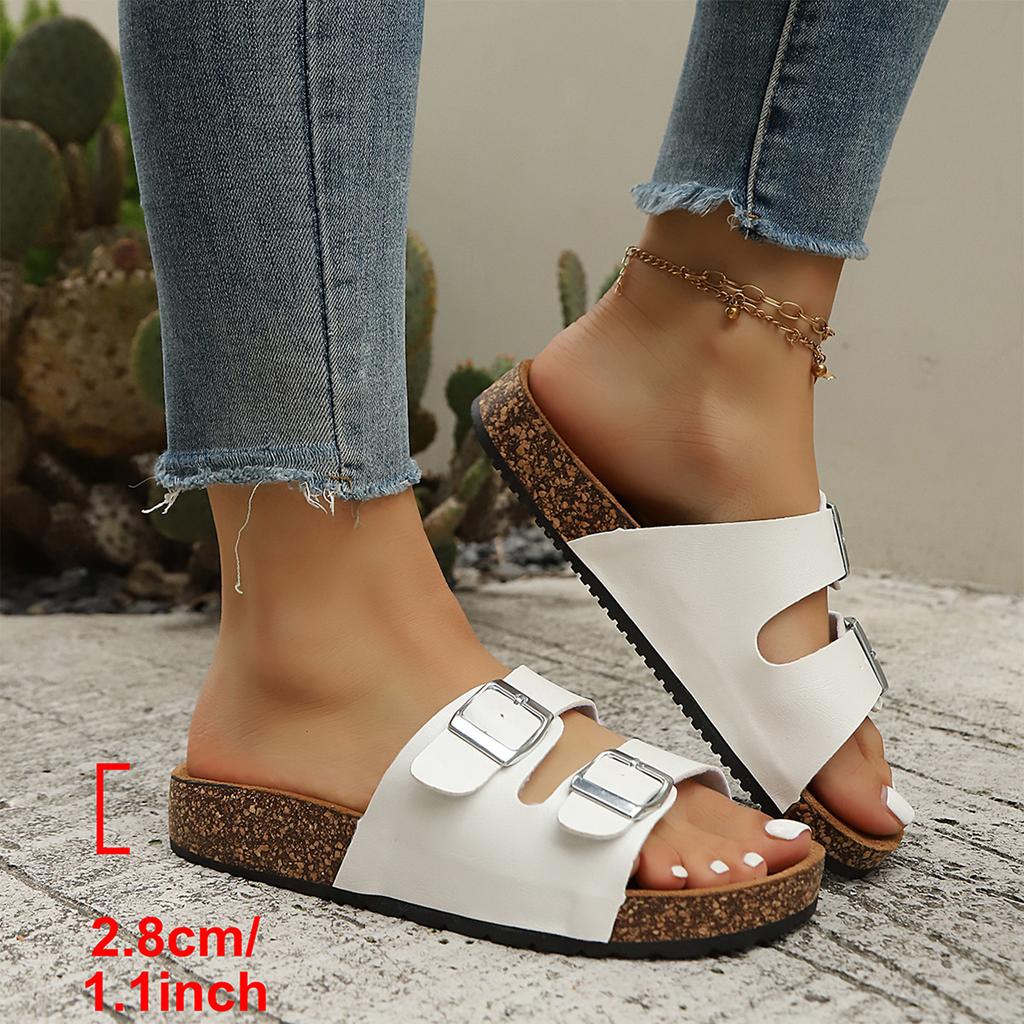 Women's Summer Cork Flat Sandals Open Toe Adjustable Buckle Strap Slide Beach Shoes Comfortable Footbed Casual Outdoor Footwear