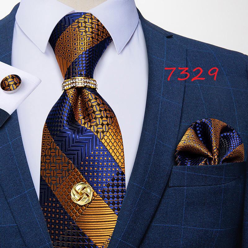 Dibangu Ties for Men Orange New Design Silk Tie Mens Necktie Hanky Cufflink Alloy Ring and Tie Tack Pin Set for Formal Party