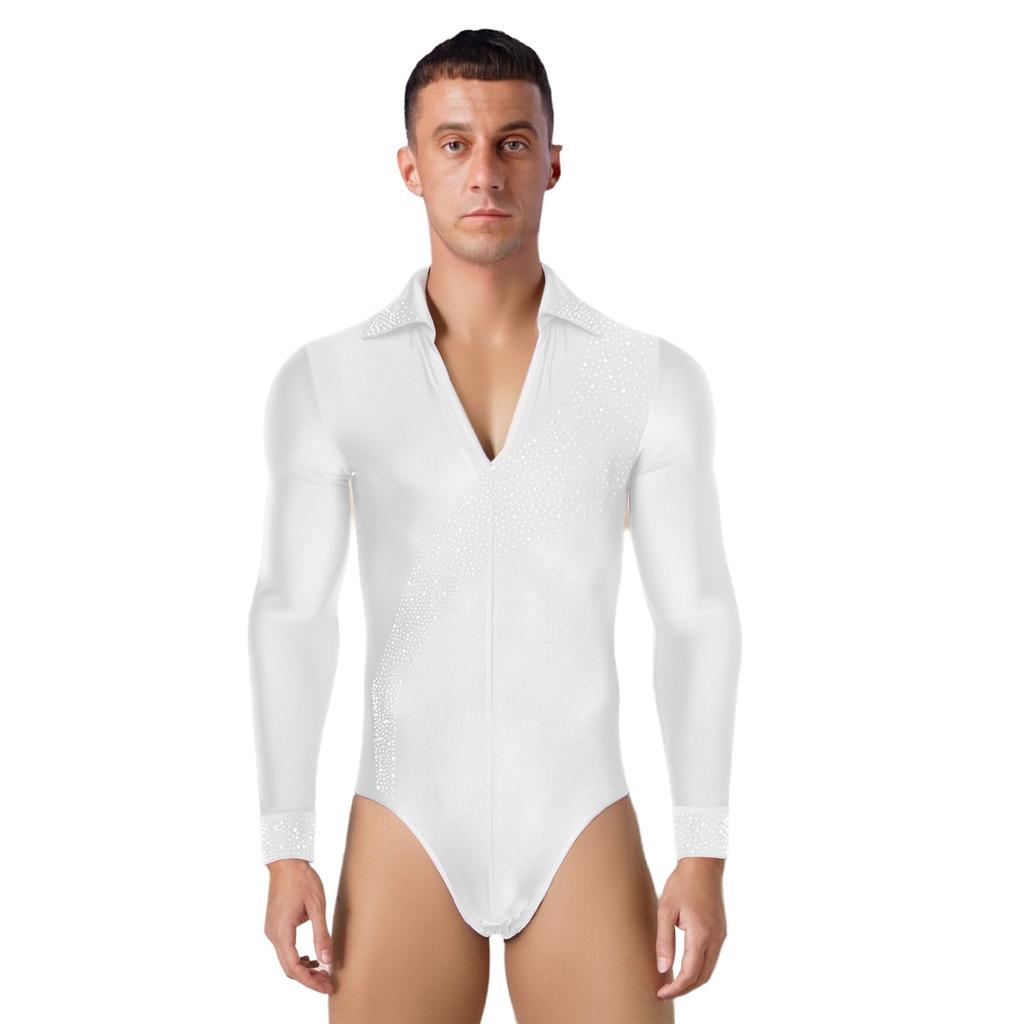 Mens Shiny Rhinestones Latin Dance Leotard Turn Down Collar V Neck Long Sleeve Button Shirt