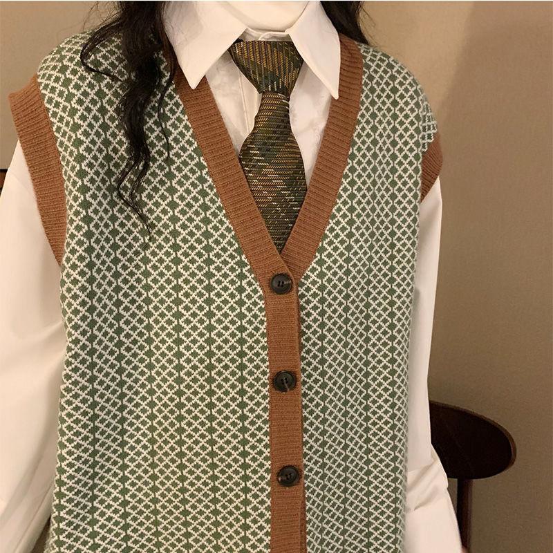 Autumn Retro Casual Sweater Vest Women V-neck Classic Argyle Sleeveless Knitting Outerwear Female