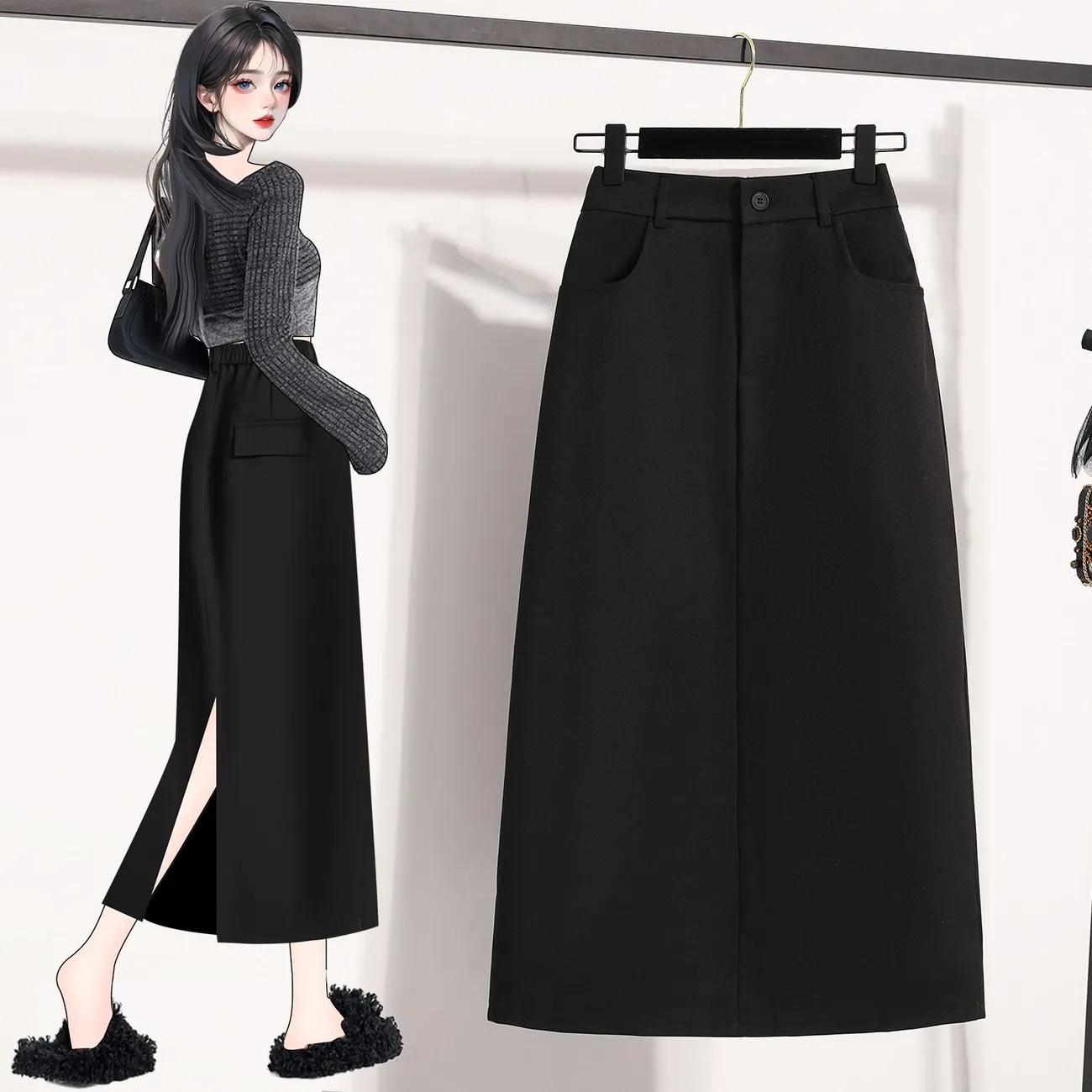 

Женская осенняя юбка до середины бедра, элегантная юбка-карандаш средней длины для работы, свободная юбка А-силуэта XS чёрный