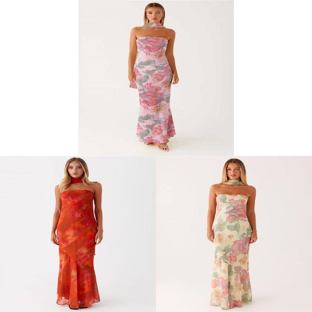 Maxi Abito in Chiffon Floreale Francese con Zip per Vacanze Estive al Mare