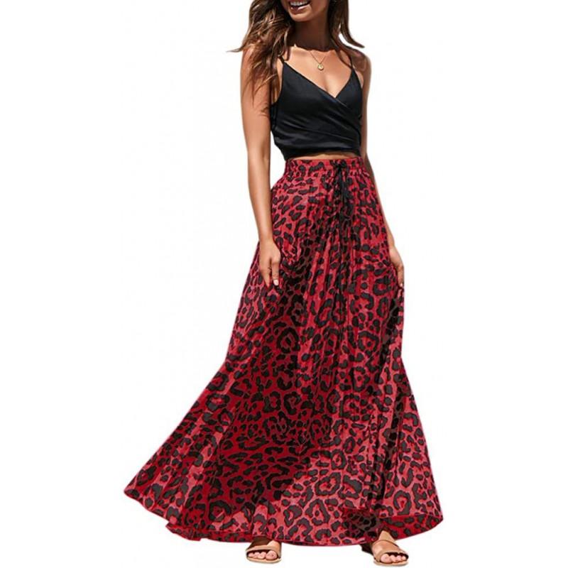 Damen Plus Size A-Linien Midi-Rock Mit Kordelzug Taille Leopardenmuster Baumwollmischung Lässig Lang