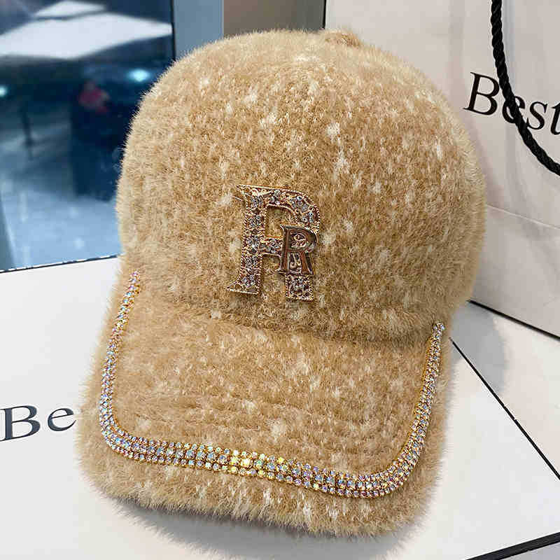 Hat Women's Autumn and Winter Versatile Trend Rhinestone Alphabet Baseball Cap Fashion Plush Warm Cap Women's Winter