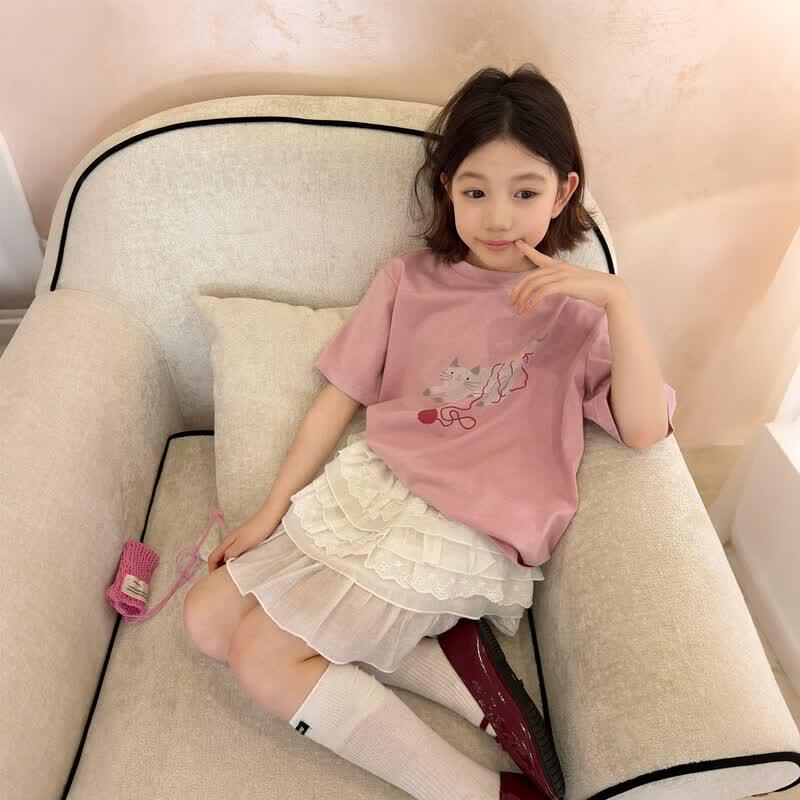 SEVEN BOBI Girls Cute Cat Print Short-Sleeve T-Shirt 130 cm
